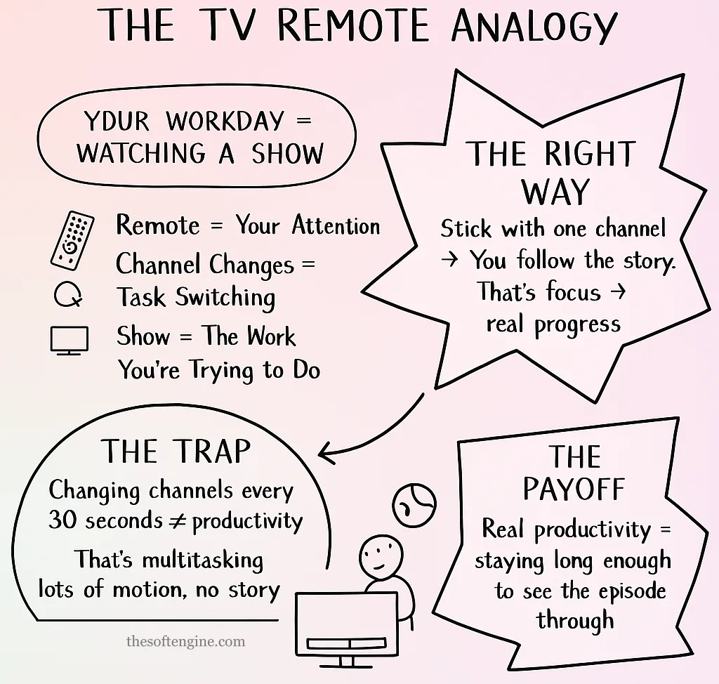 Productivity Explain Like I'm Five TV remote analogy