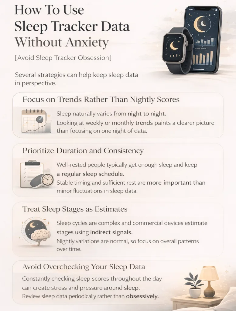 Infographic providing tips on preventing orthosomnia sleep tracking anxiety 